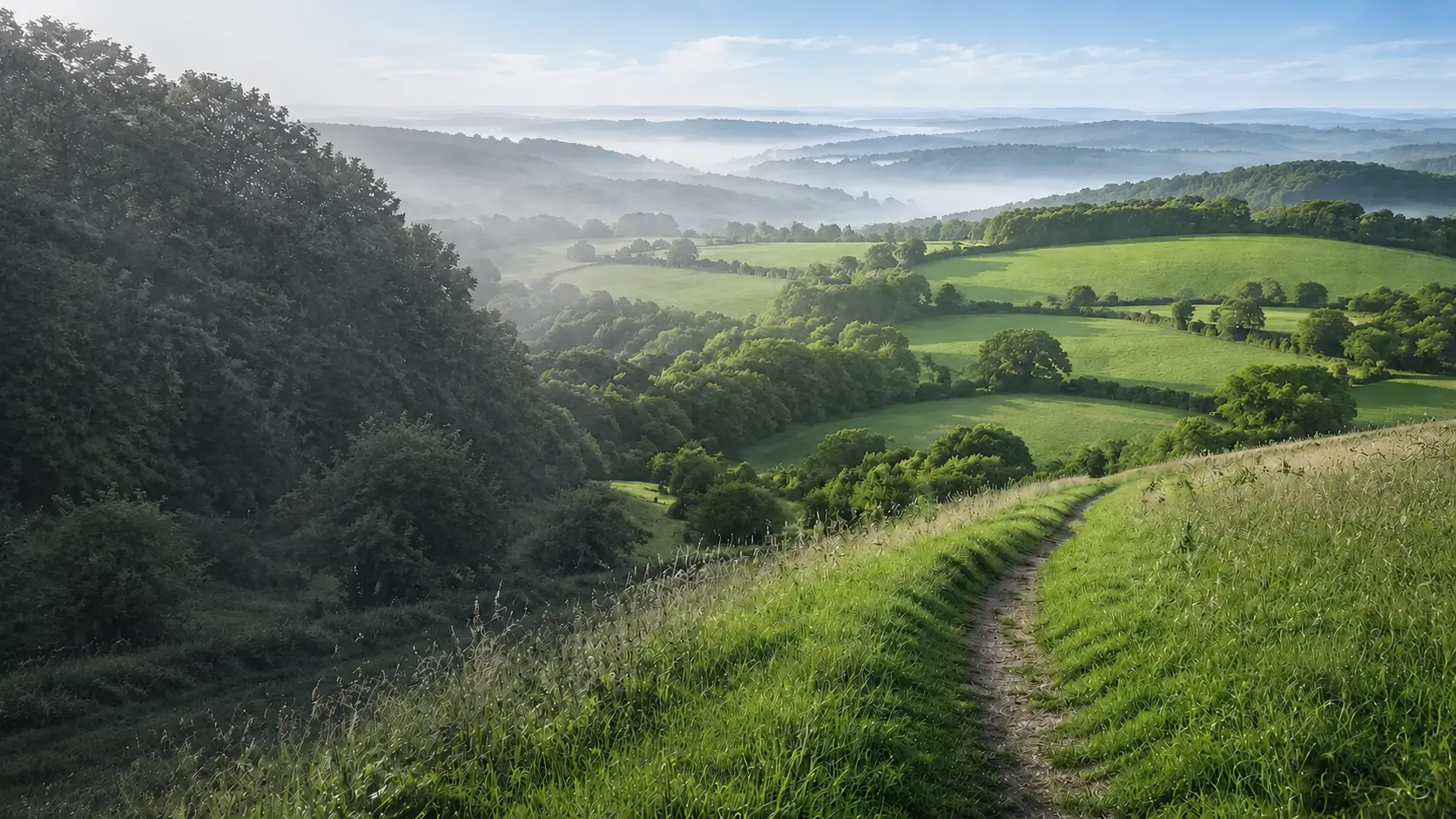 Sunlit green hills of rural England fading into grey on the left